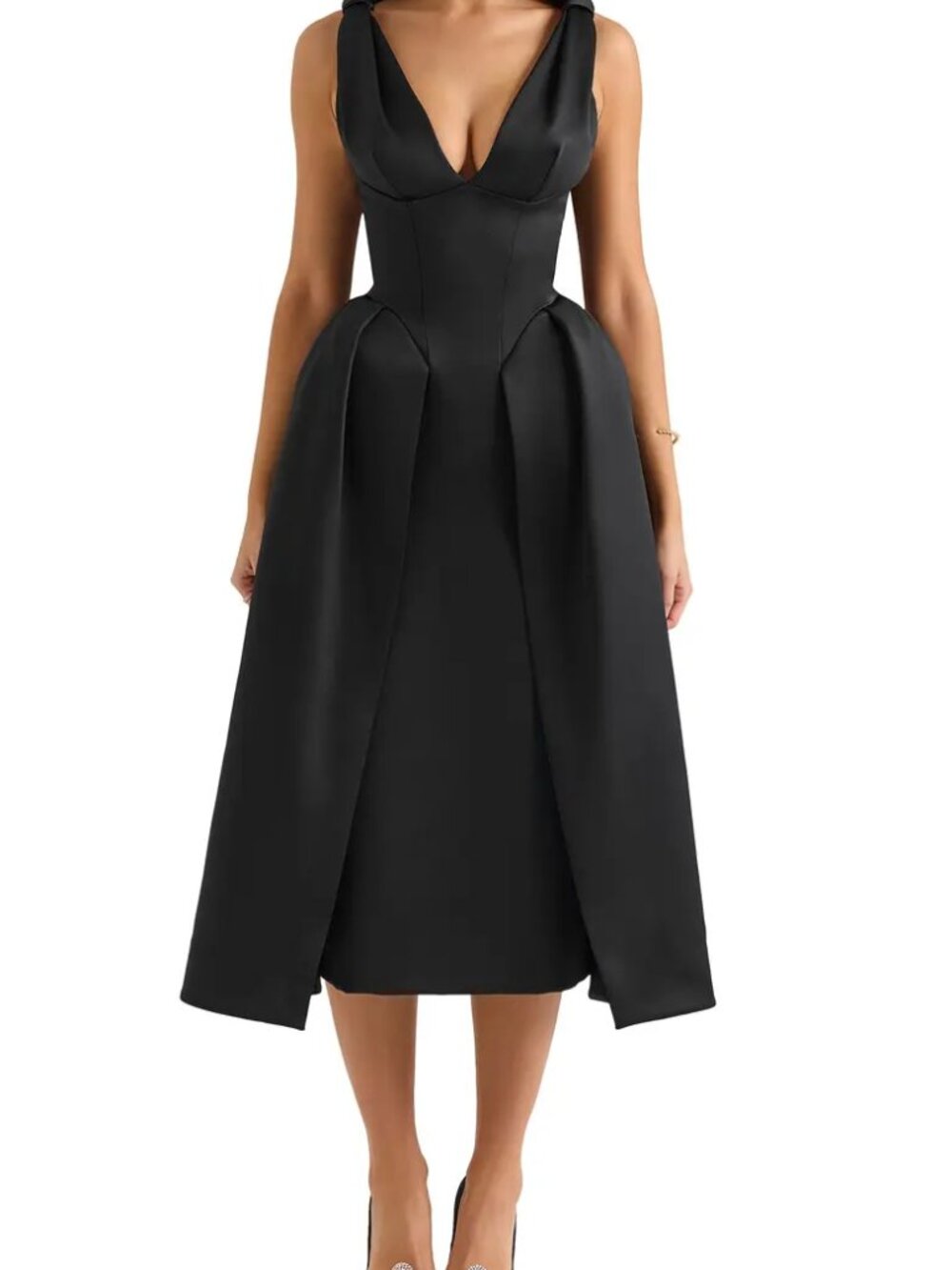 House Of CB Paloma Satin Dress Midi Deep V Neck Sleeveless Black New Size Medium